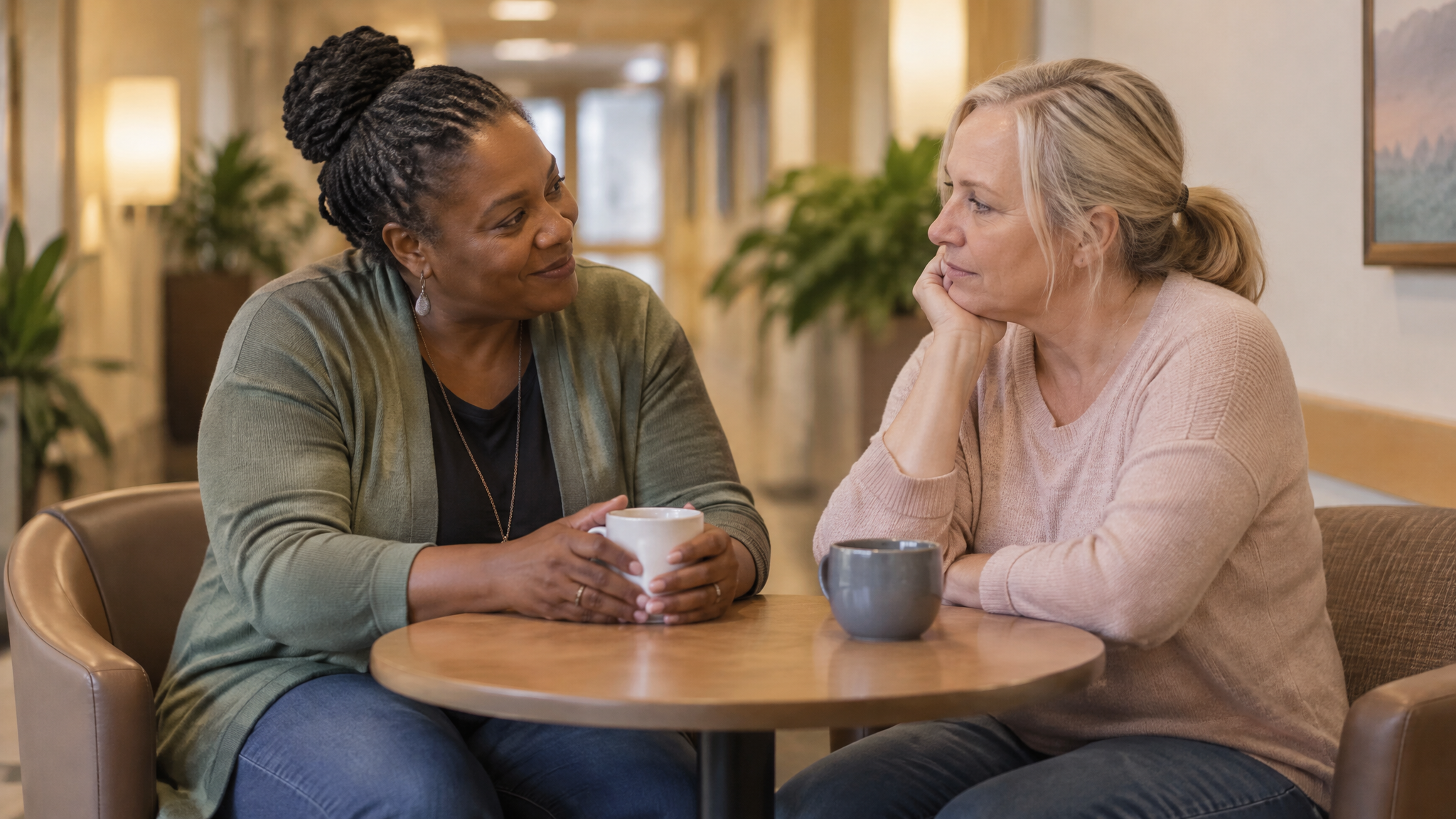 A woman peer specialist leaning in to encourage another woman veteran at a small table in a clinic hallway