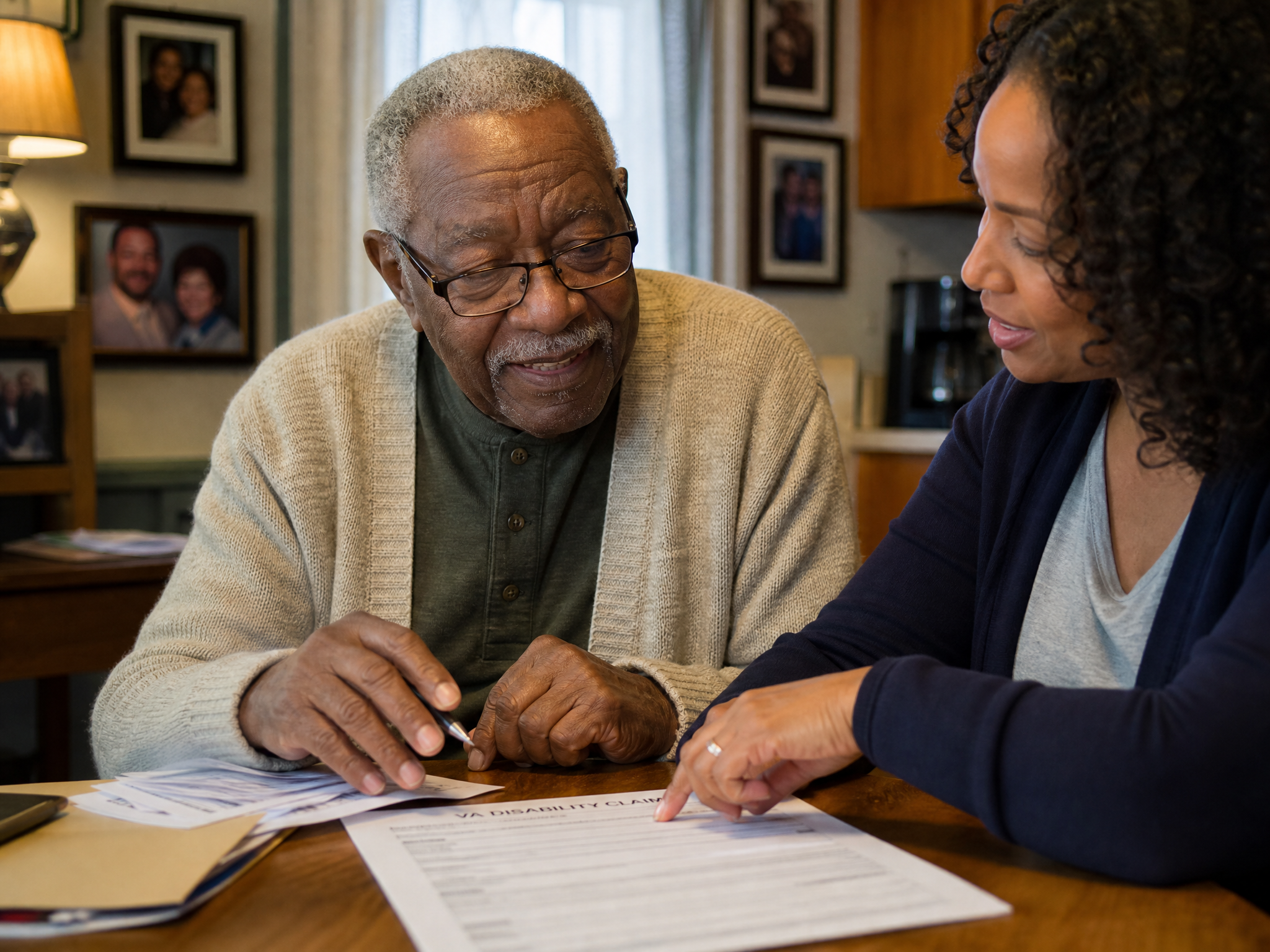 An older veteran completing his claim forms with his adult daughter