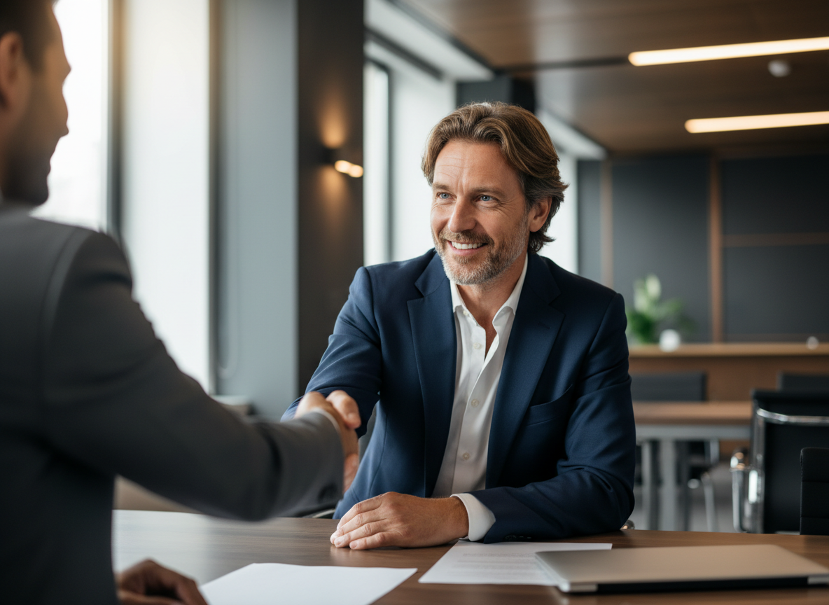 Successful man closing business deal with mental sharpness