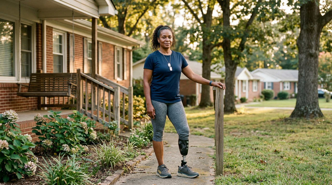 Confident Black female veteran with a prosthetic leg standing outdoors with a resilient posture