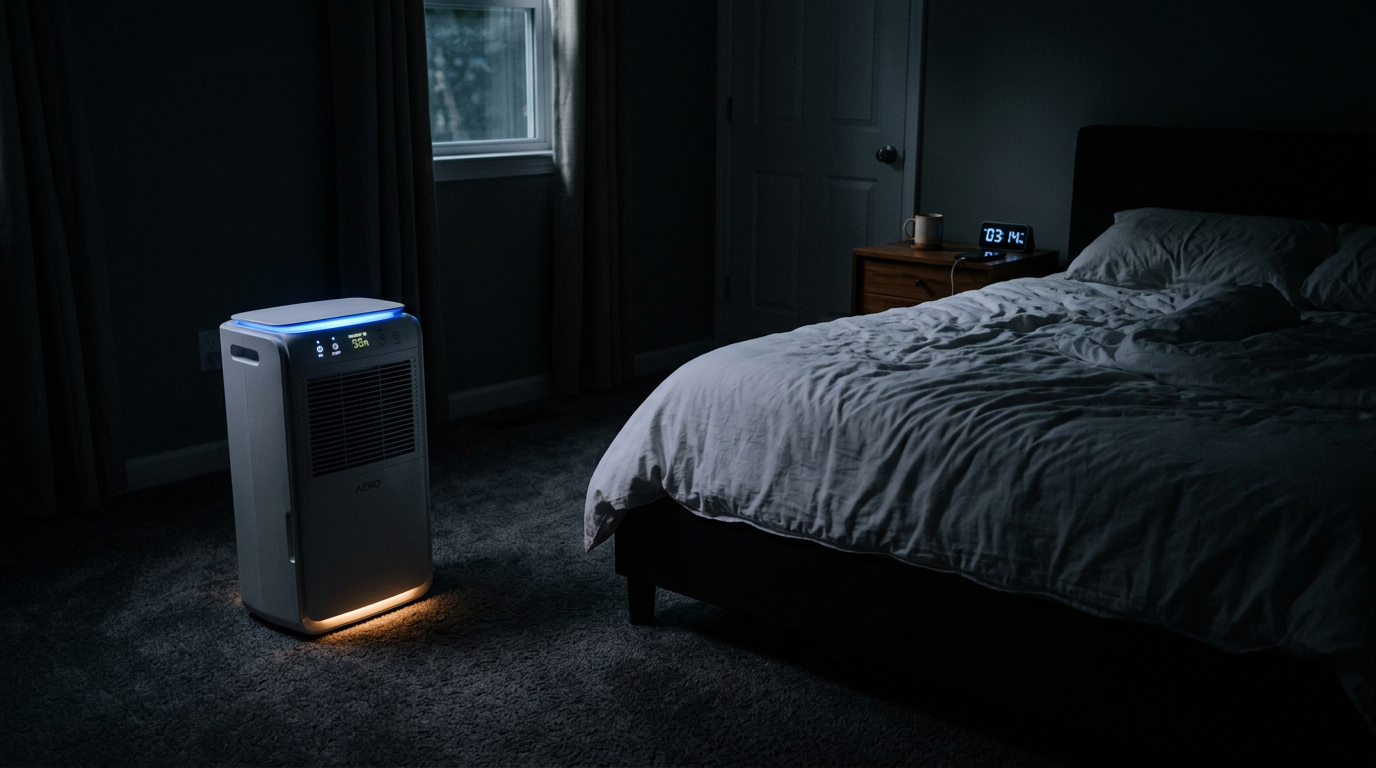 A quiet dehumidifier with a dim night light running in a dark UK bedroom