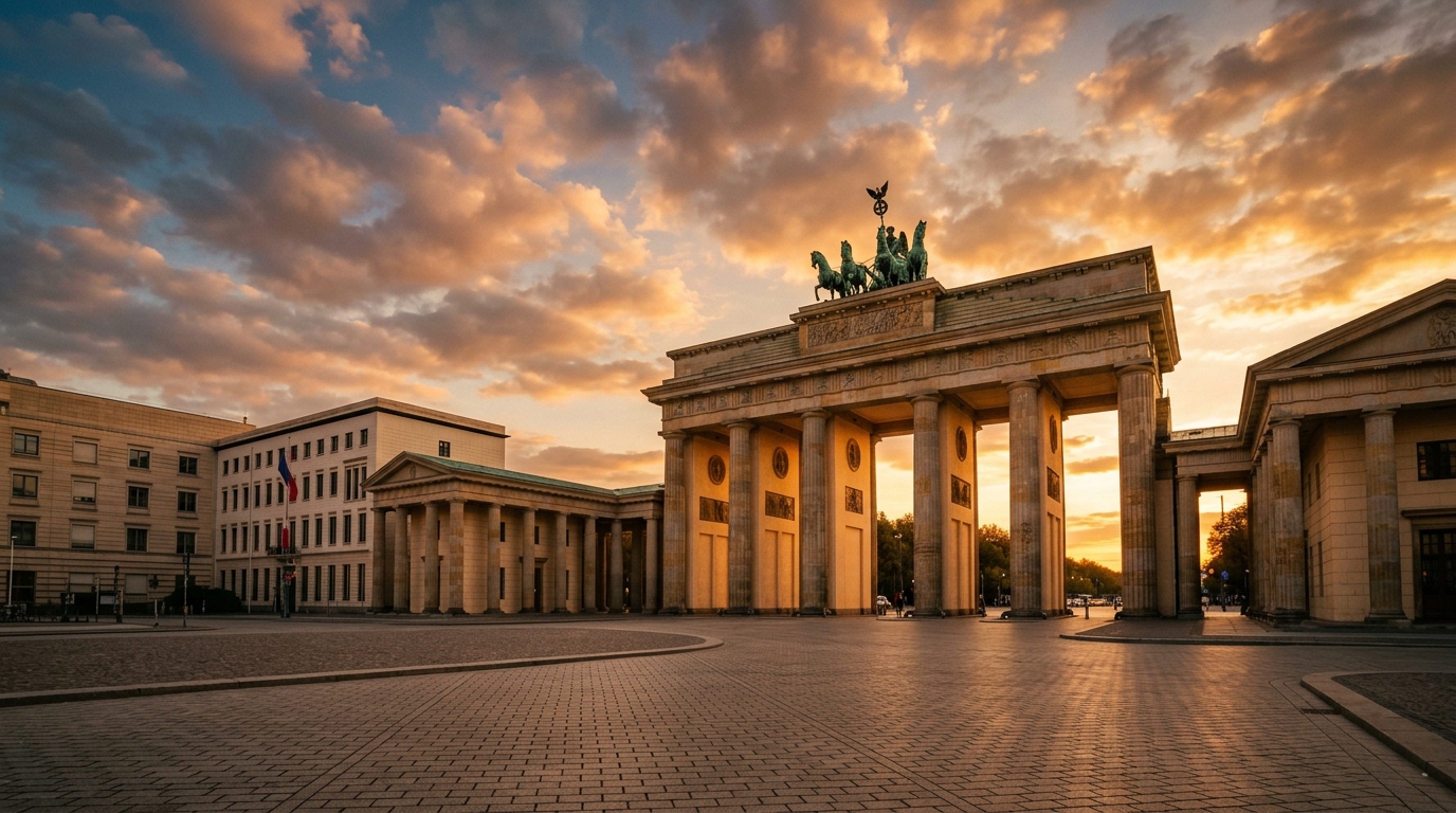 The Brandenburg Gate in Berlin at golden-hour sunset
