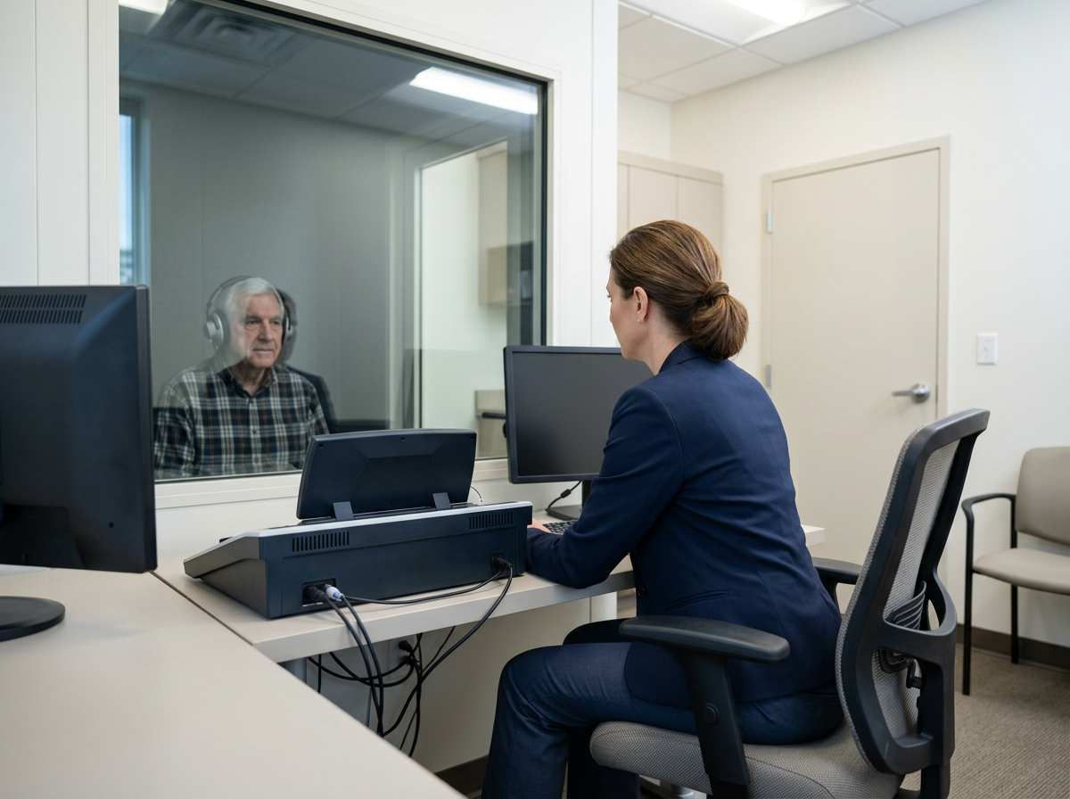 An audiologist at a workstation viewed from behind, with a veteran visible through the testing booth window wearing headphones