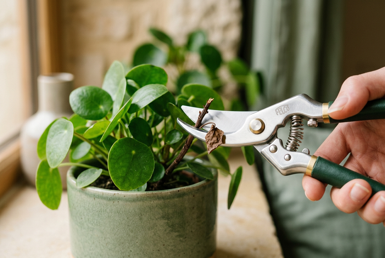Clean pruning shears trimming a stem from a lush green houseplant