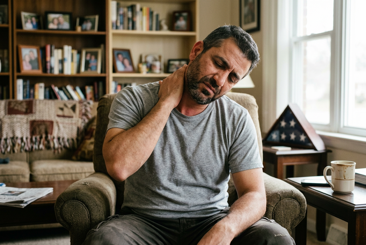 A Middle-Eastern male veteran rubbing his neck and upper trapezius area, pain radiating from the shoulder into the neck