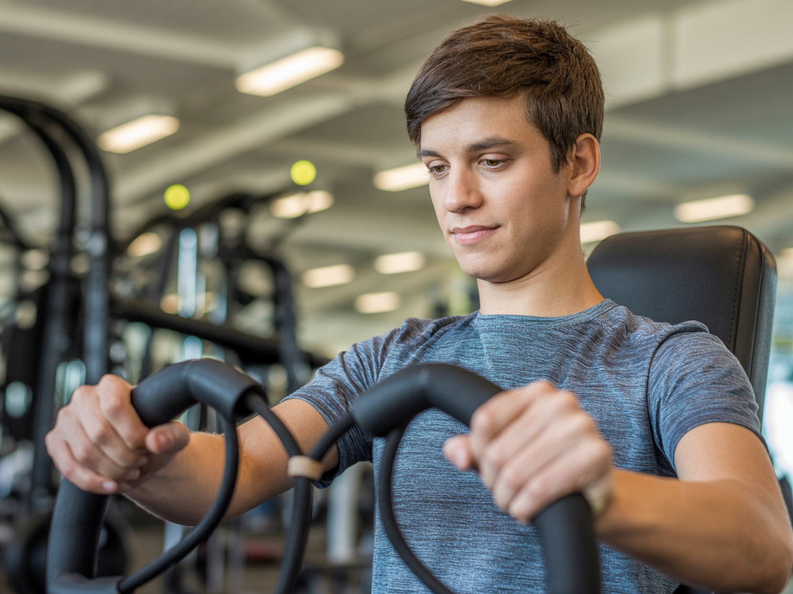 Young adult with autism spectrum disorder focused and confident while using adaptive fitness equipment, demonstrating independence and success in their personalized workout routine