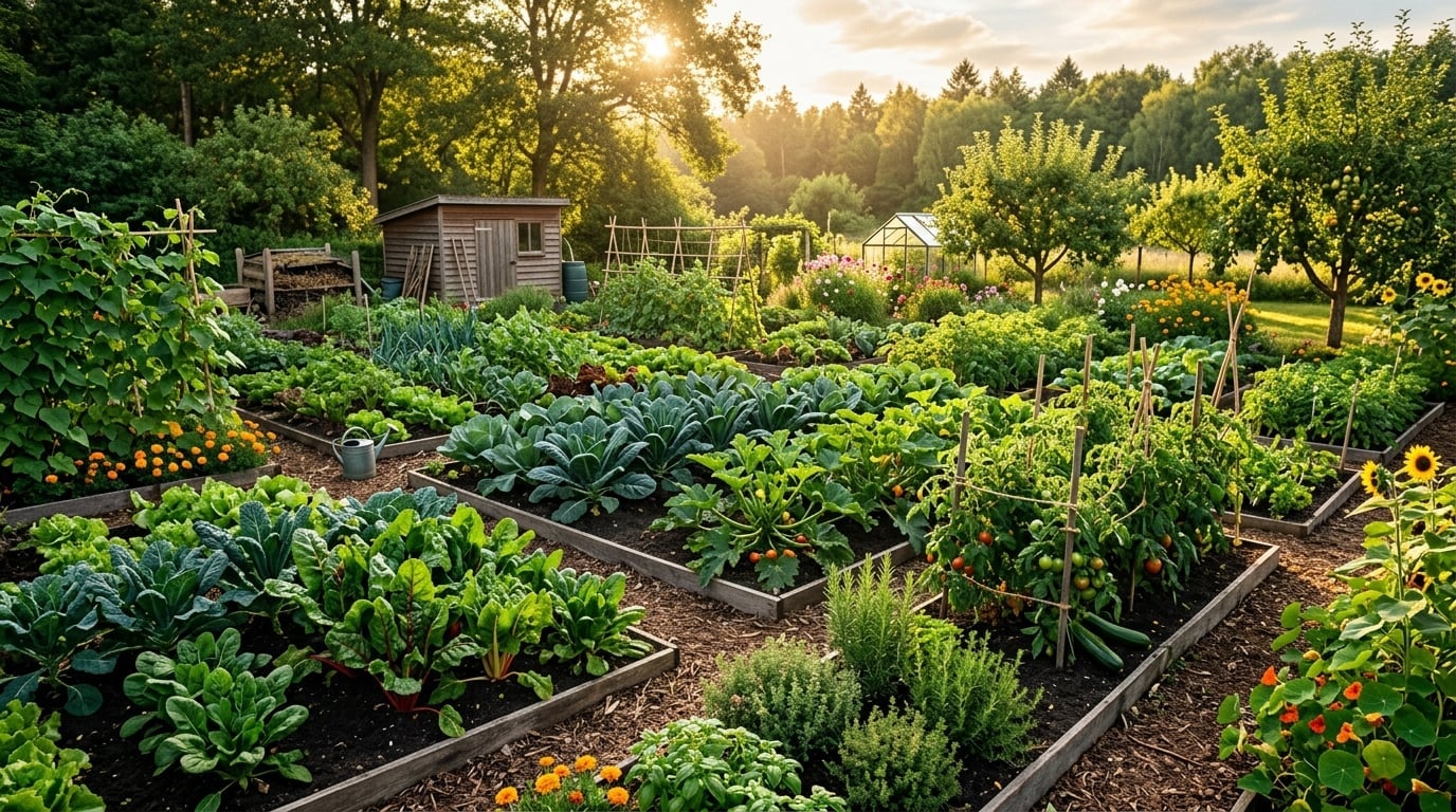 Lush organic garden with rich soil and vibrant plants