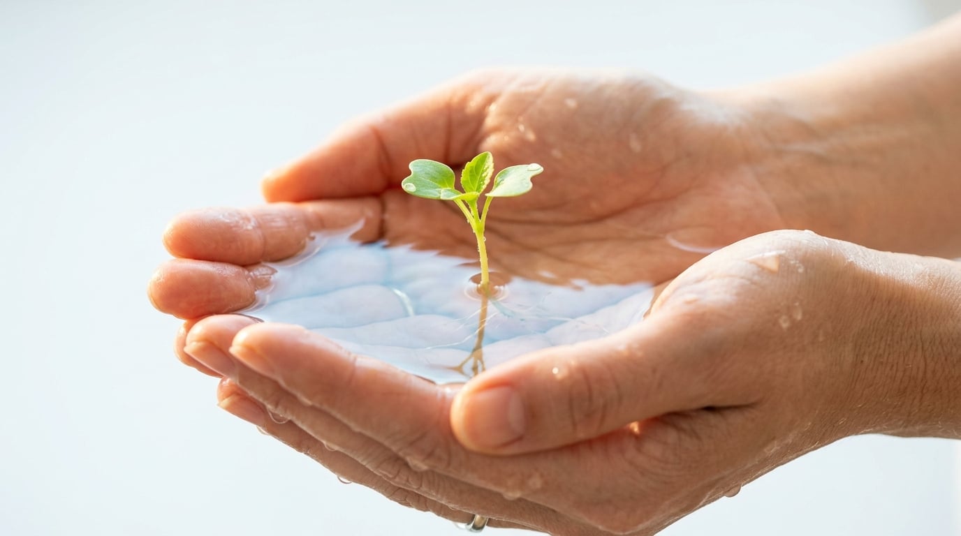 Hands gently cupping water with a small plant growing from it, symbolizing nurturing and care
