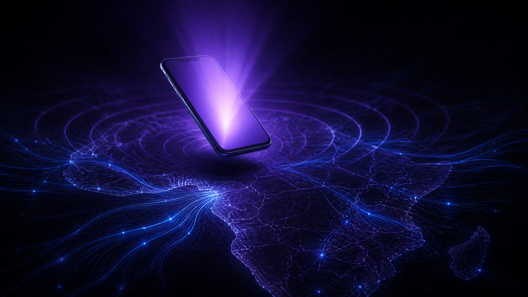 Smartphone floating in dark space emitting a violet light cone with signal waves radiating over a faint terrain grid