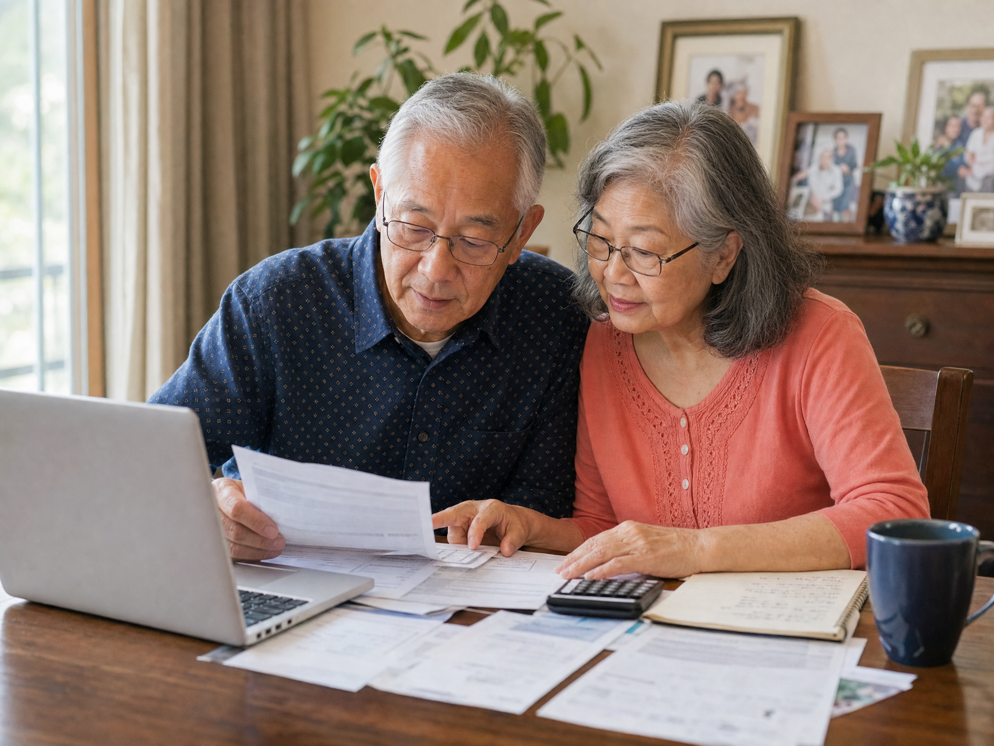 A senior Asian American veteran couple reviewing their finances and benefit paperwork together at home