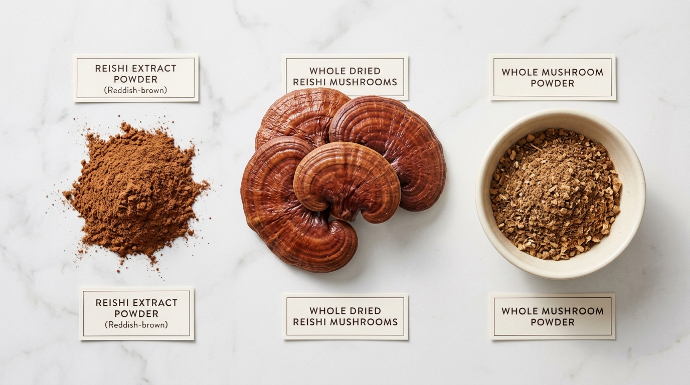 Comparison of reishi extract powder, whole mushrooms, and mushroom powder