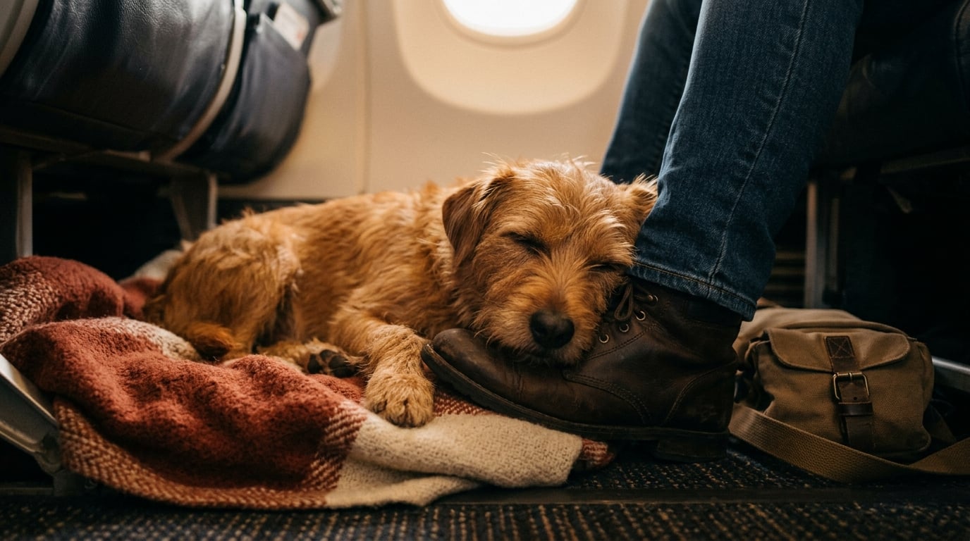 A dog resting peacefully at its owner's feet during a flight
