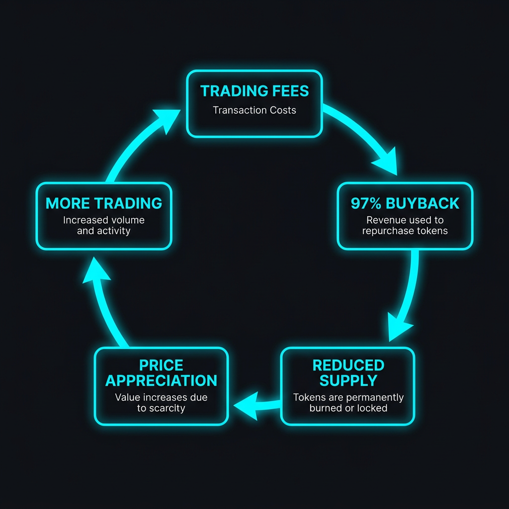 crypto revenue-to-buyback strategy flywheel diagram showing Hyperliquid fee revenue cycle and token buyback mechanics