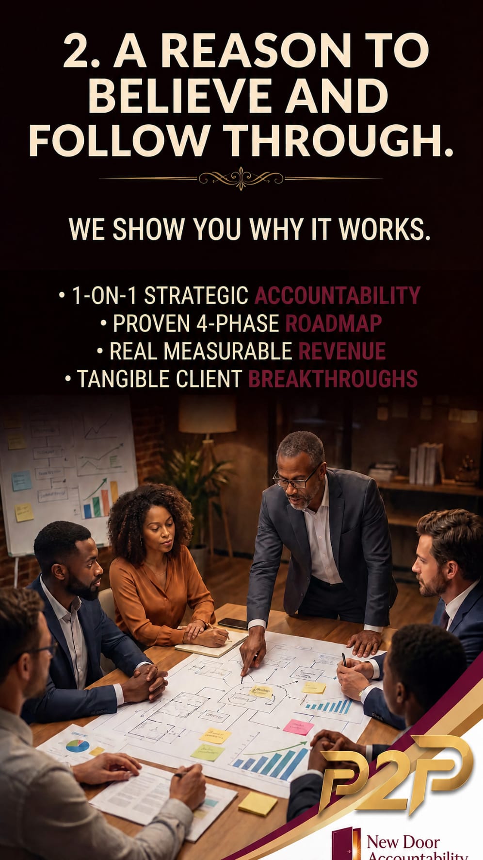 2. A reason to believe and follow through: 1-on-1 strategic accountability, a proven 4-phase roadmap, real measurable revenue