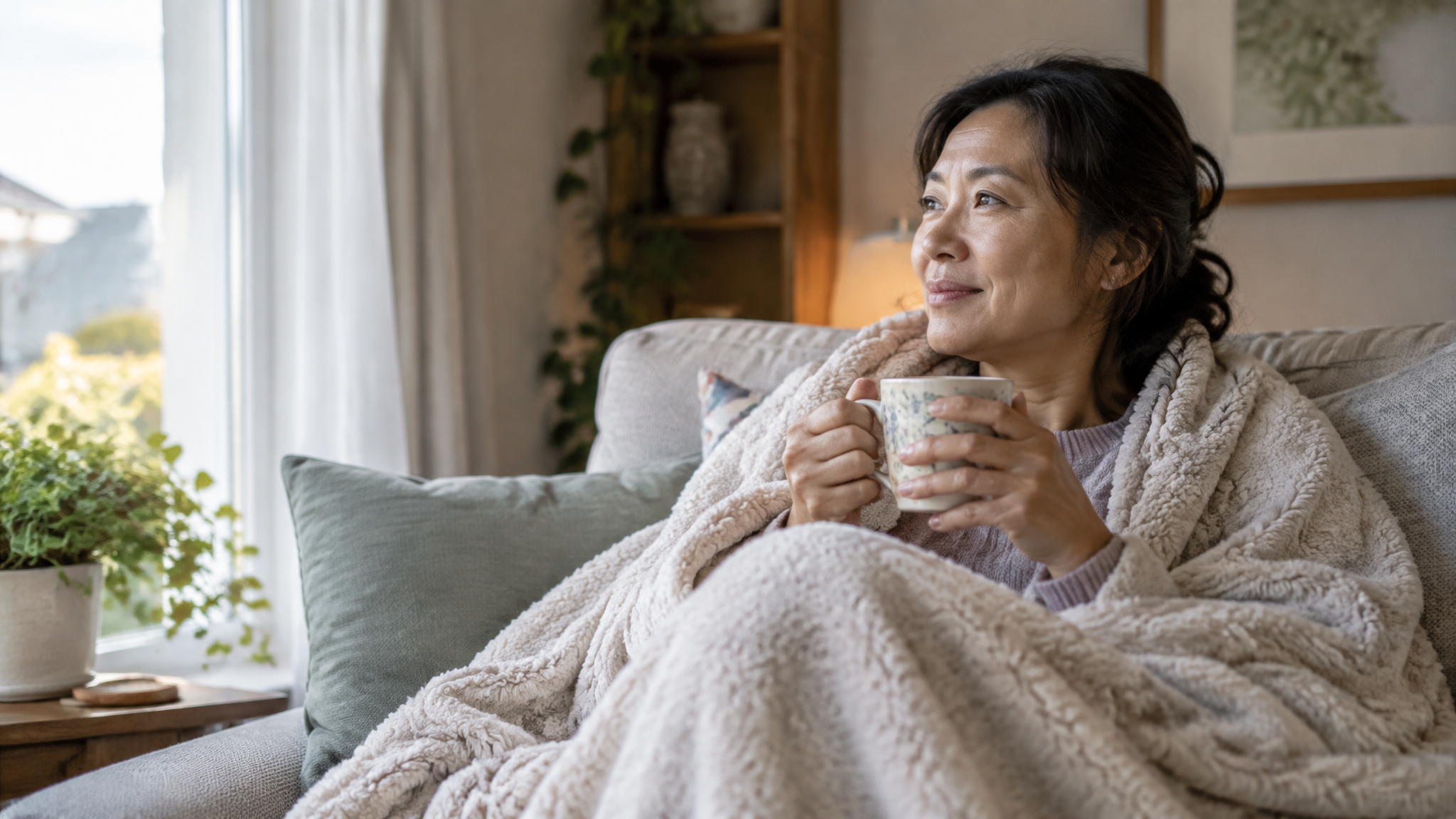 A woman veteran resting at home on her sofa under a blanket after surgery