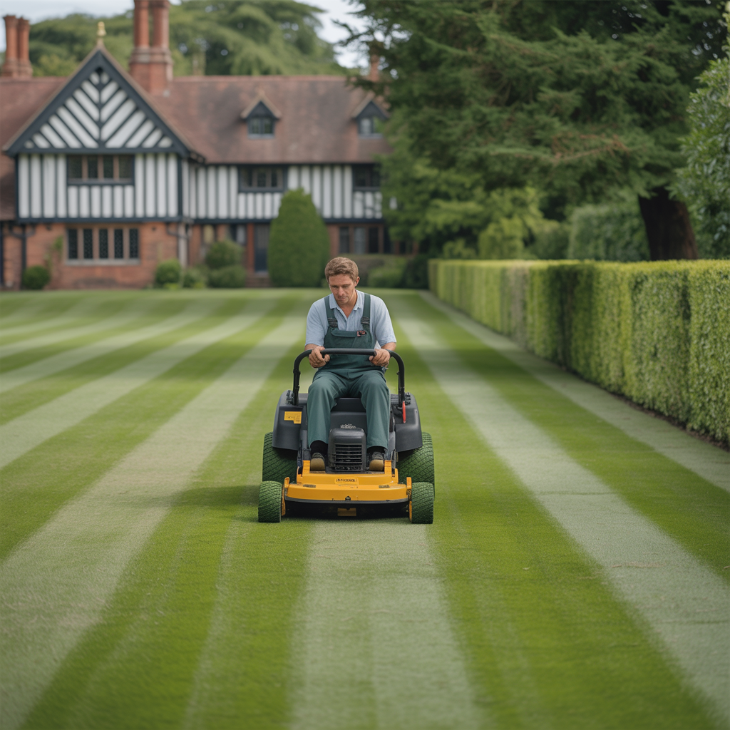 Professional lawn striping on British estate