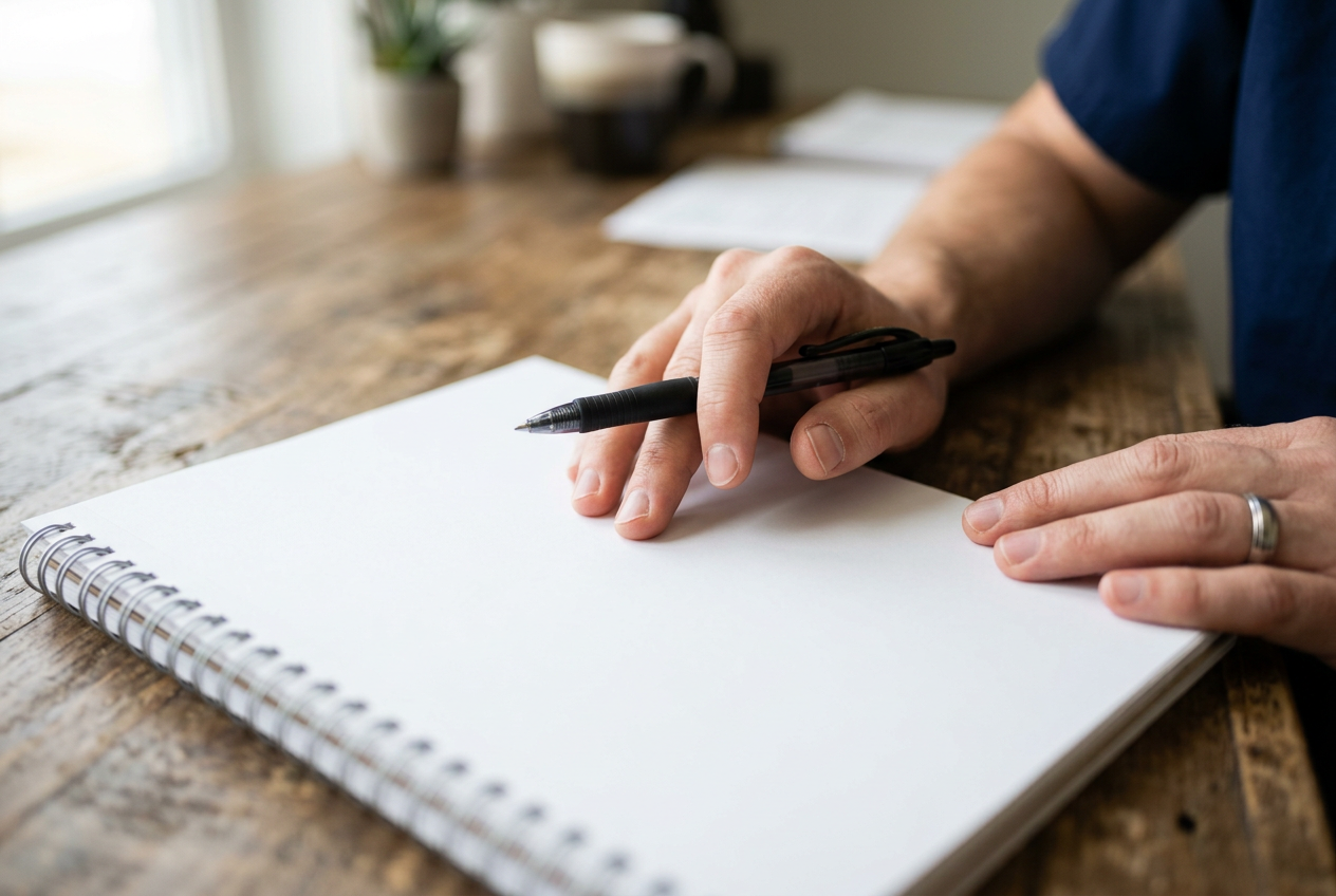 A close-up of a clinician's hand resting a pen over a completely blank notebook page on a desk
