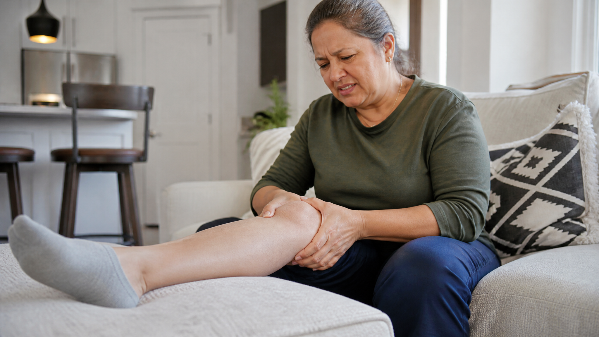 Photograph of a person sitting with their leg extended, massaging the knee joint line area with a grinding aching expression