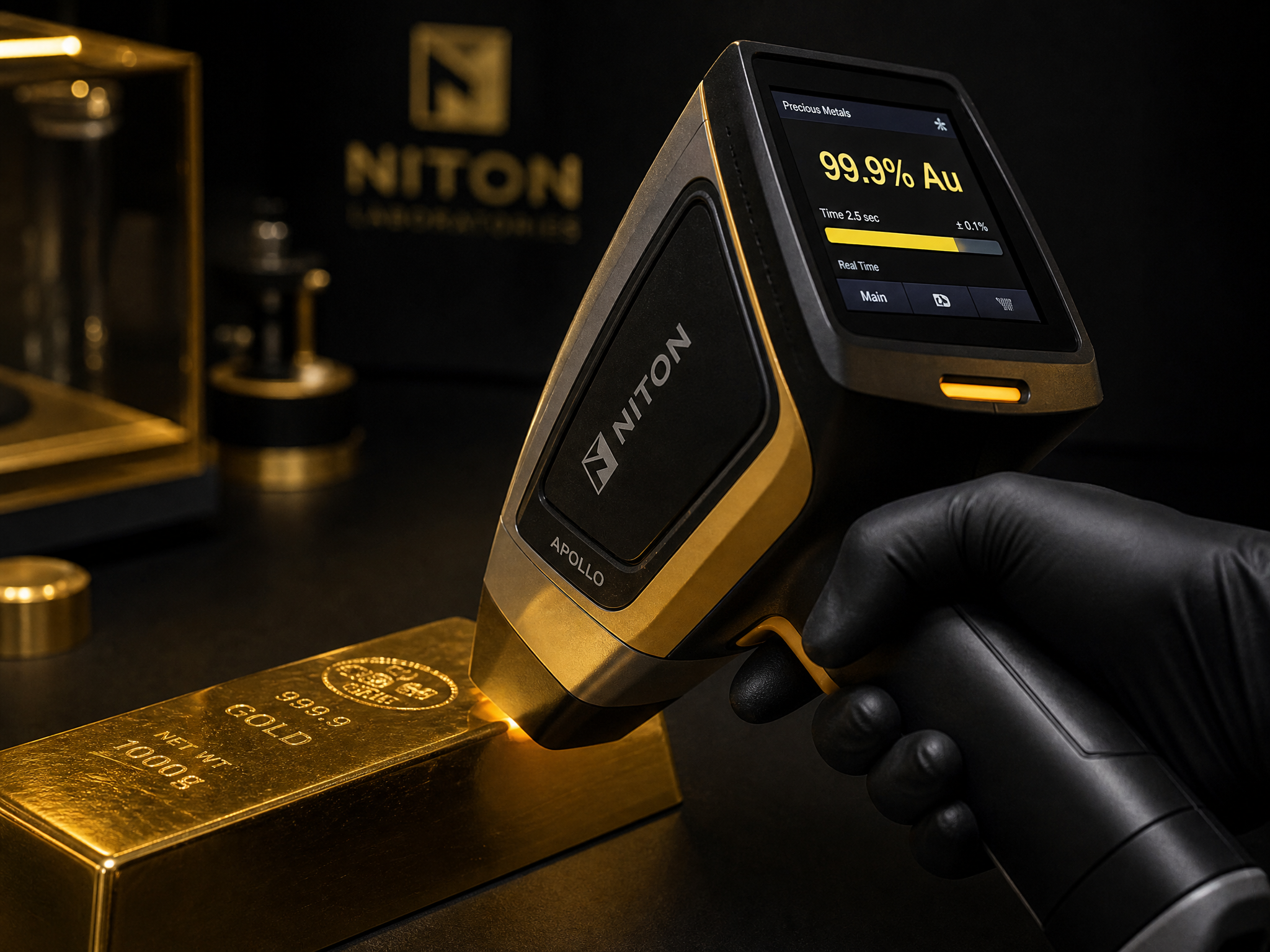 Professional XRF gold analyzer testing gold bar with 99.9% purity display