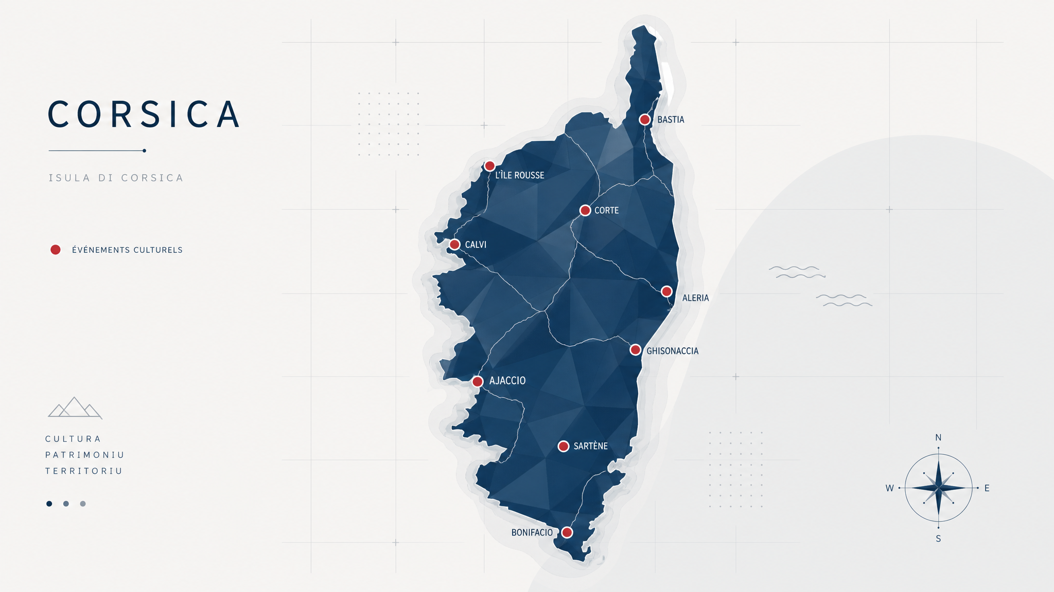 Carte minimaliste de la Corse avec les lieux clés de l'époque paoline