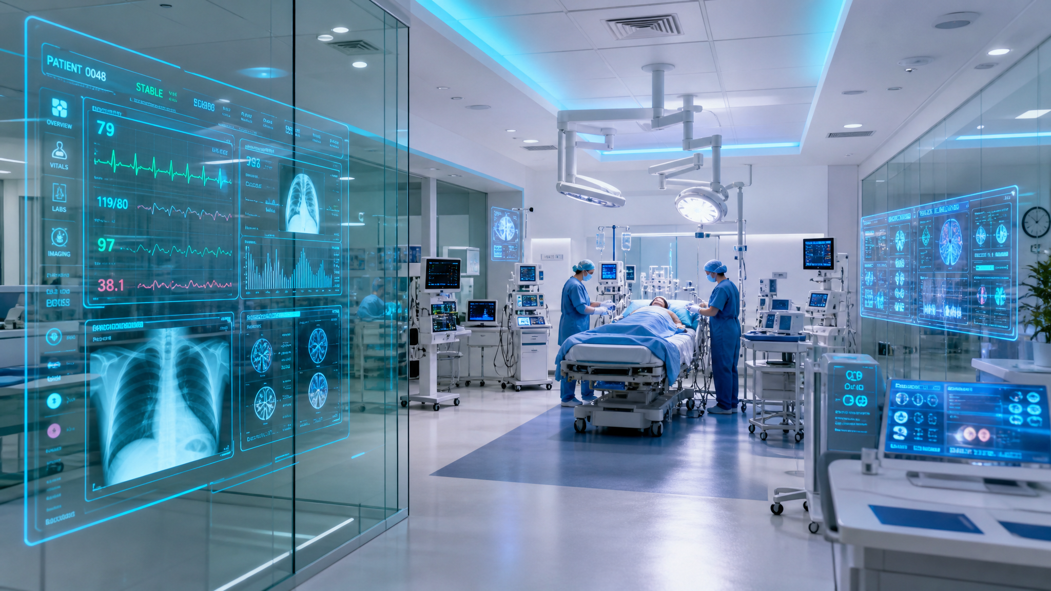 Hospital surgical suite with transparent display panels showing patient data