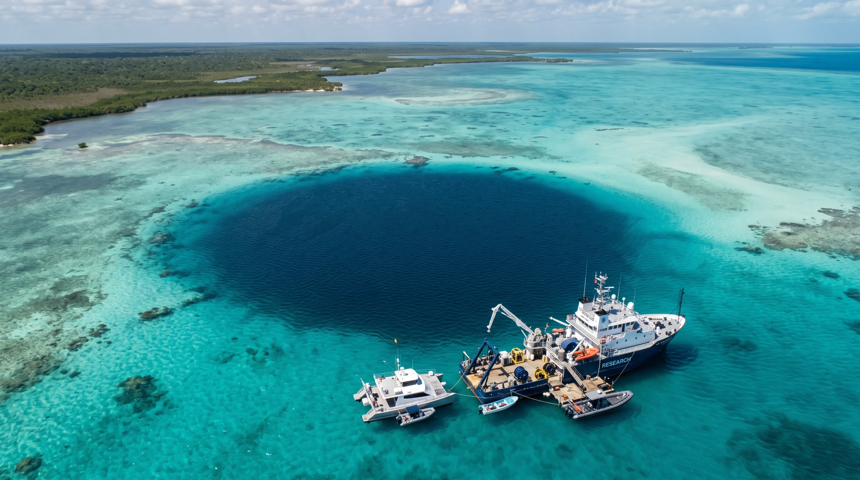 Ilustração gerada por IA representando Taam Ja' Blue Hole, baseada em informações científicas verificadas.
