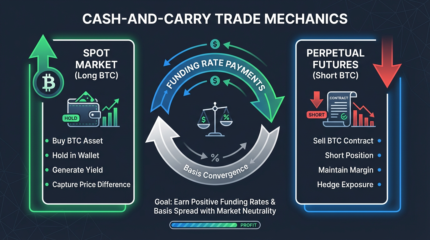 delta-neutral crypto trading strategy cash and carry trade mechanics diagram showing spot long and perpetual futures short with funding rate flow