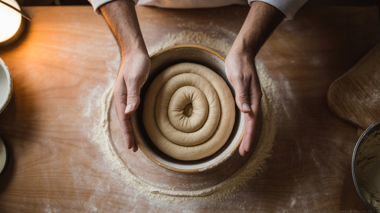 Overhead of baker performing coil fold, lifting sourdough dough from underneath in ceramic bowl