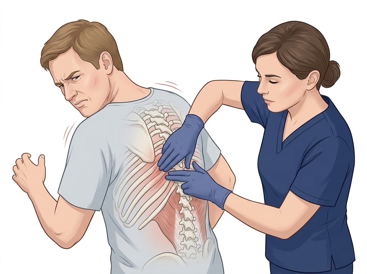 Illustration of a clinician palpating the intercostal spaces along a seated patient's back and rib cage