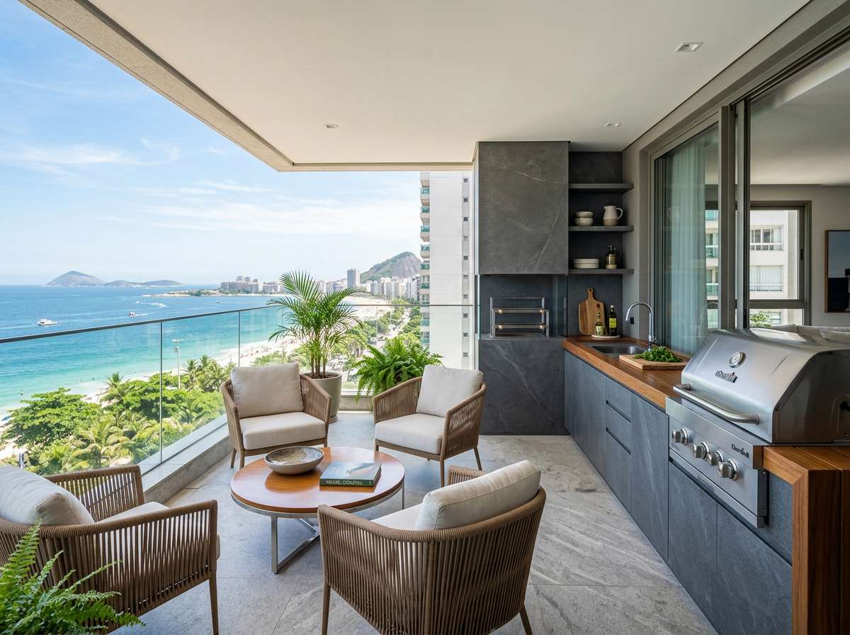Varanda gourmet com vista para o mar em Praia Grande