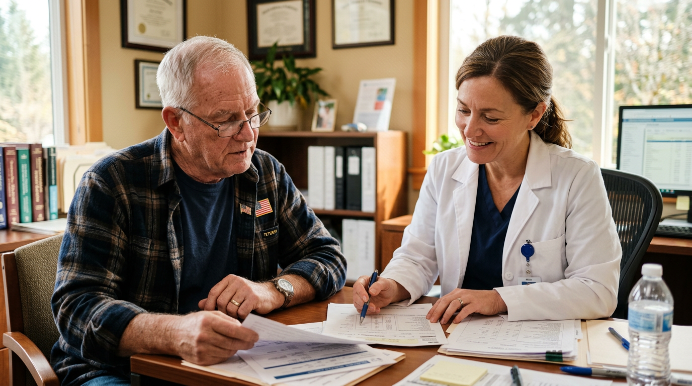 An older veteran reviewing his medical records with a physician in a warm clinical office