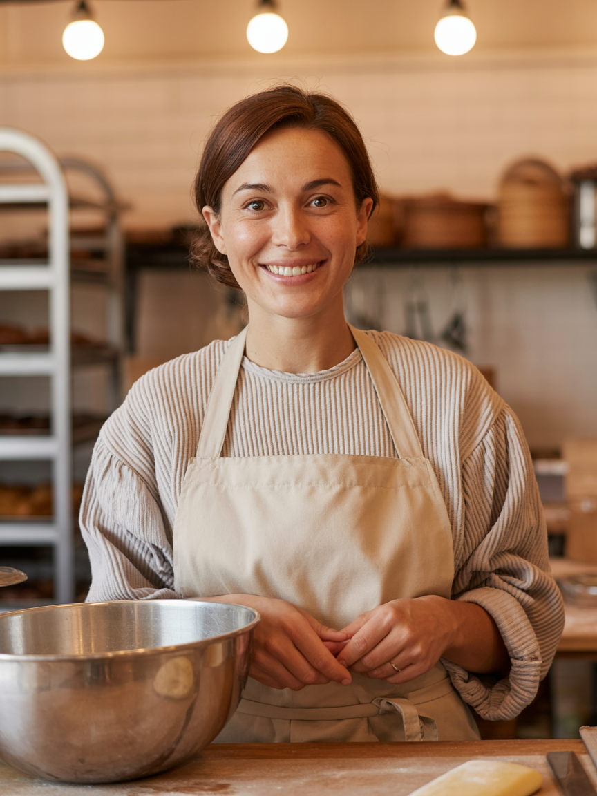 Our baker smiling in the kitchen