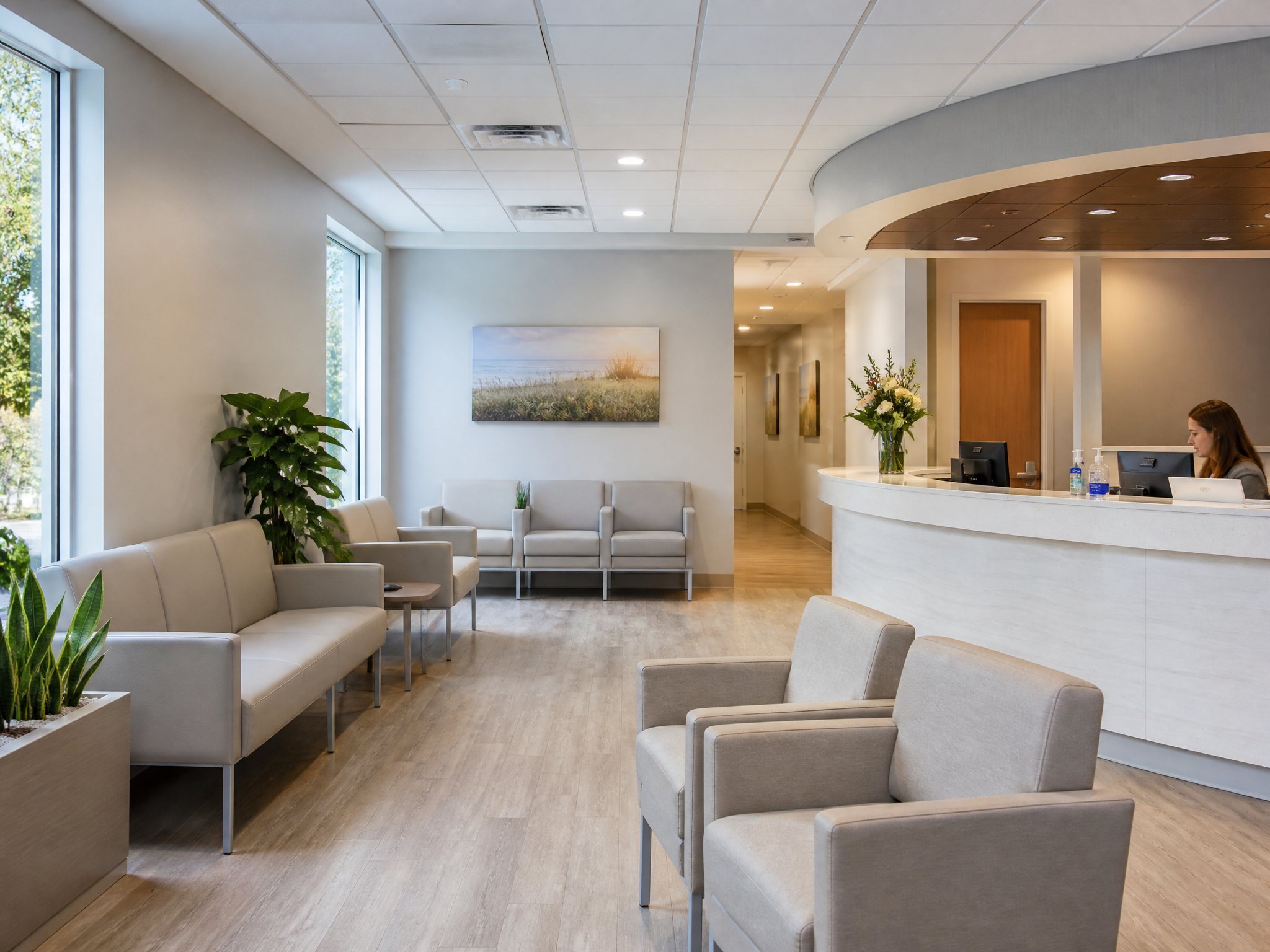 Hospital waiting area with wipe-clean contract seating