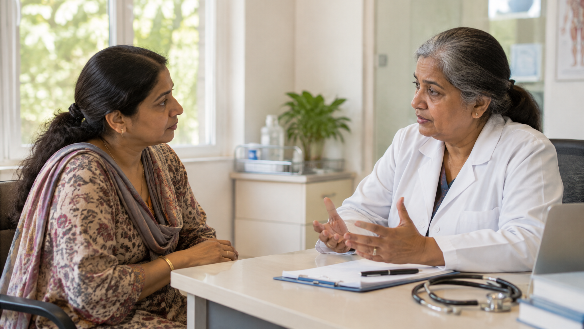 A woman veteran consulting with a female doctor about a fertility evaluation