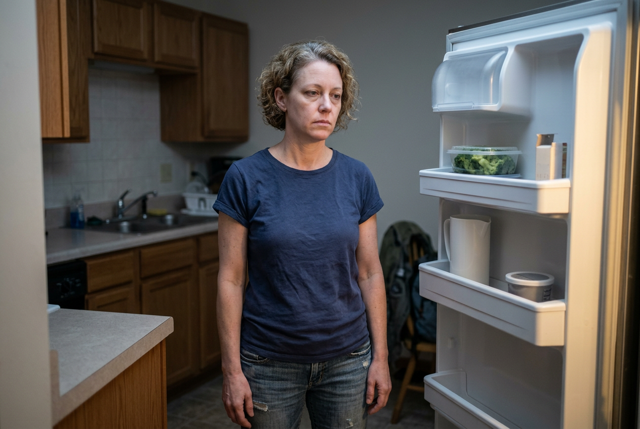 A woman standing in a kitchen staring blankly into an open mostly-empty refrigerator with no interest in eating