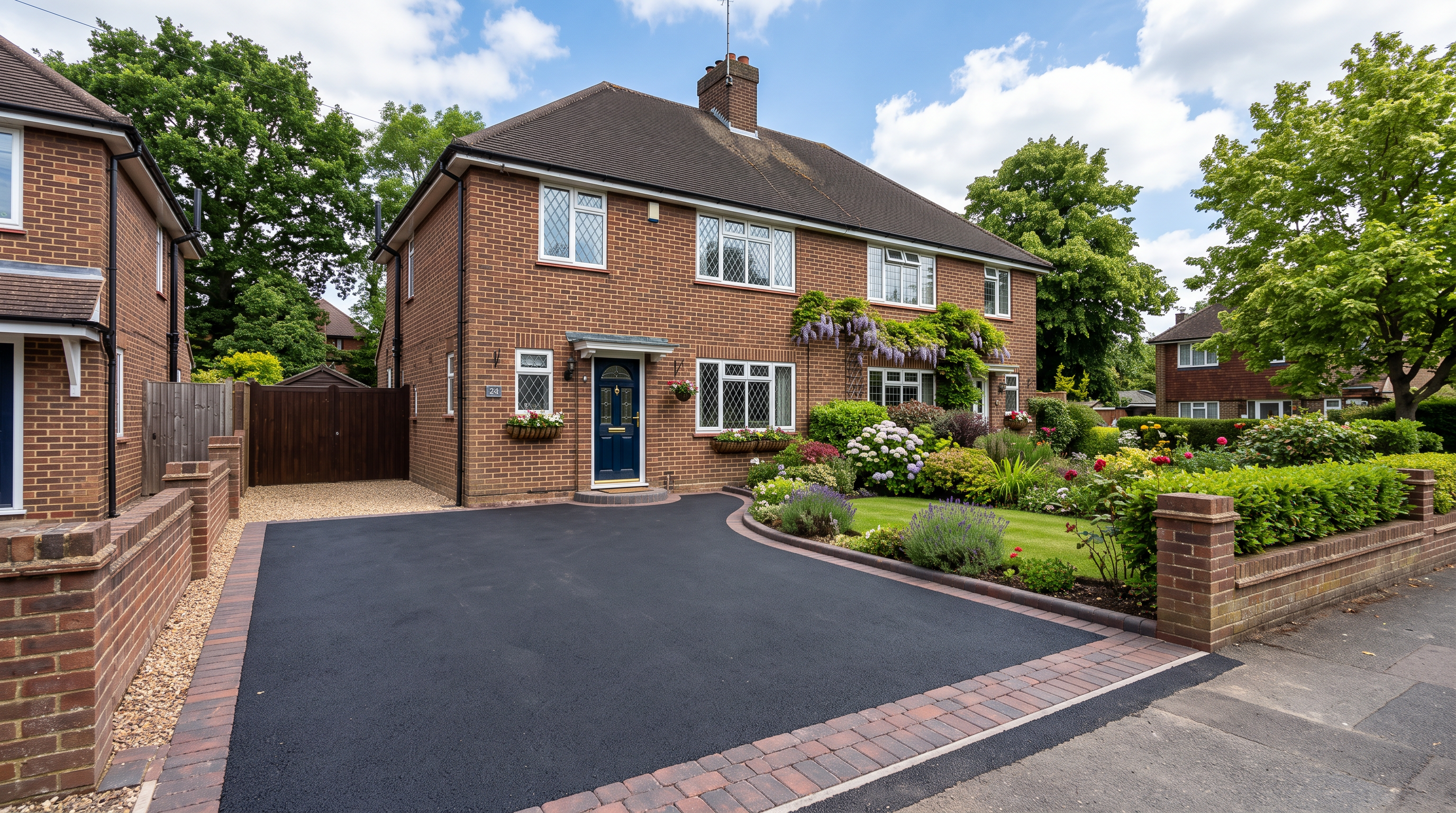 Tarmac driveway with block paving border UK house
