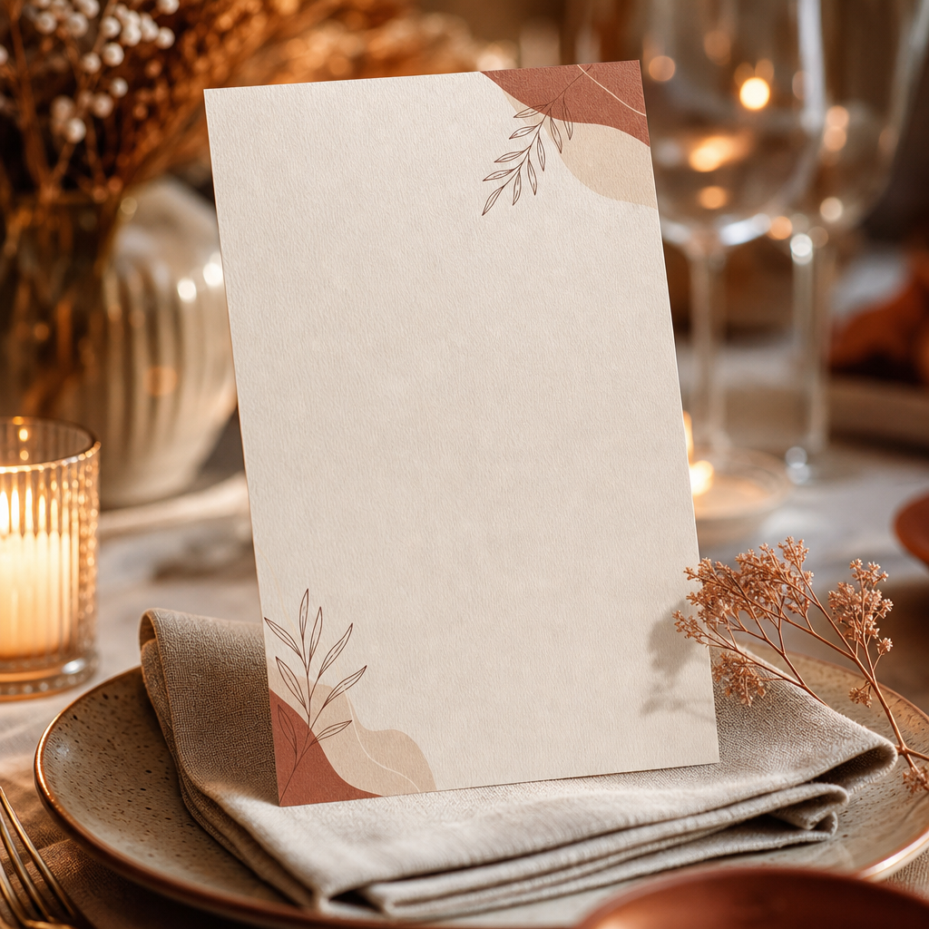 Menu de casamento com tipografia elegante e luz natural