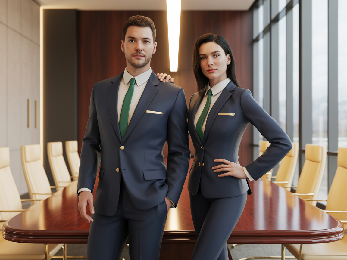 Young professional man and woman in fitted business attire in a modern conference room
