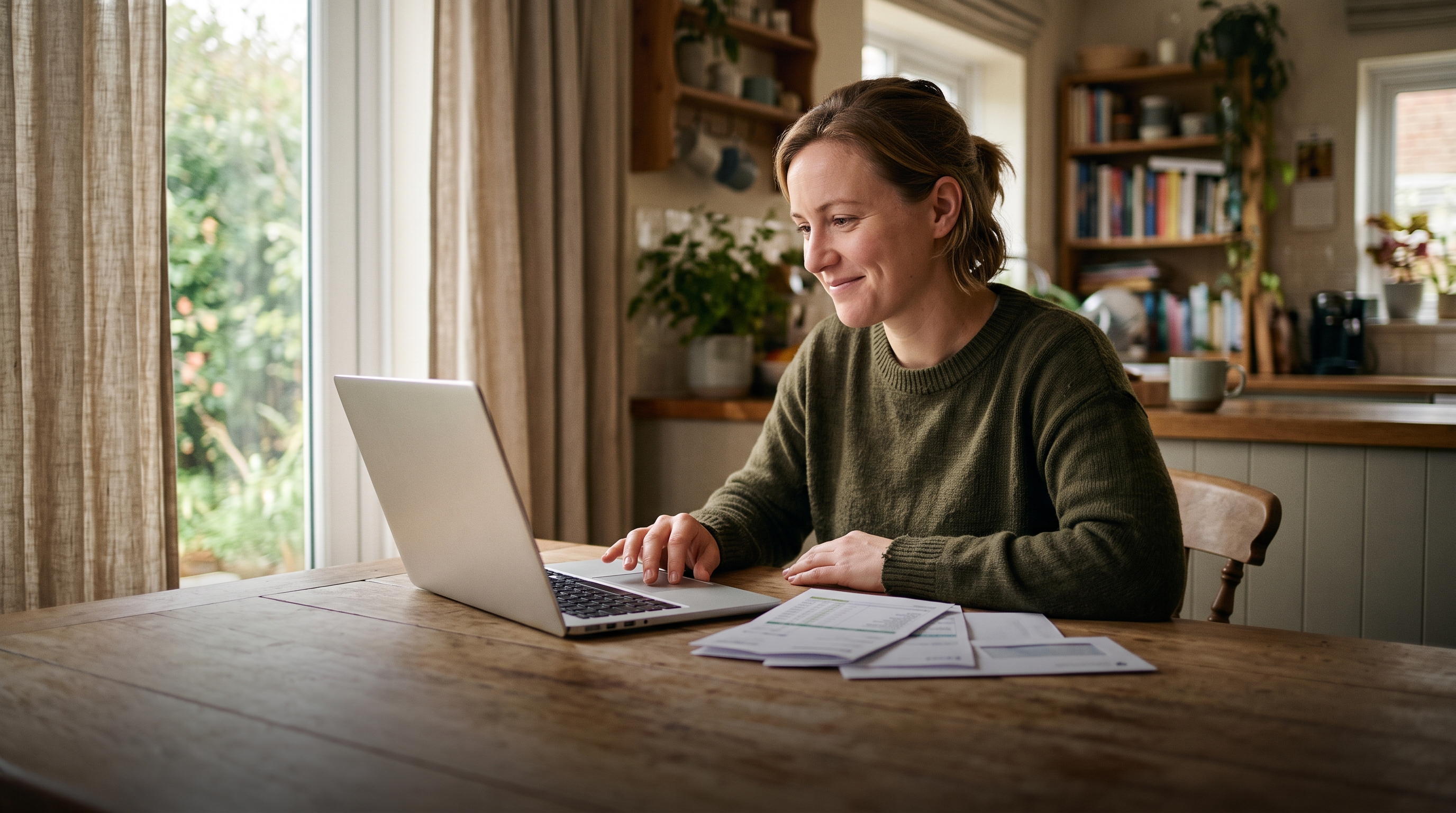 A veteran at home reviewing household finances, secure with a monthly allowance
