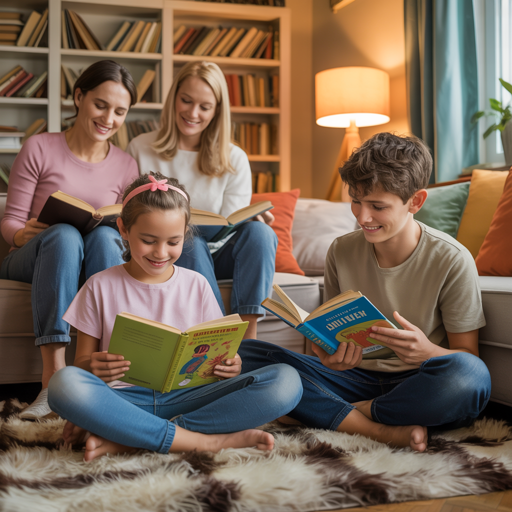 Familia leyendo libros digitales de Dudada Books