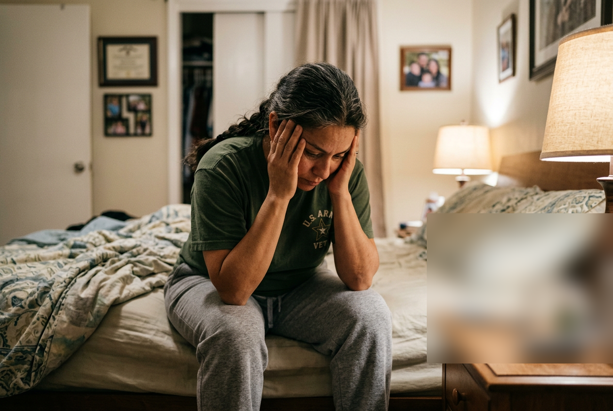 Hispanic female veteran in her 40s sitting on the edge of her bed looking tired and fatigued with an insulin pen on the nightstand