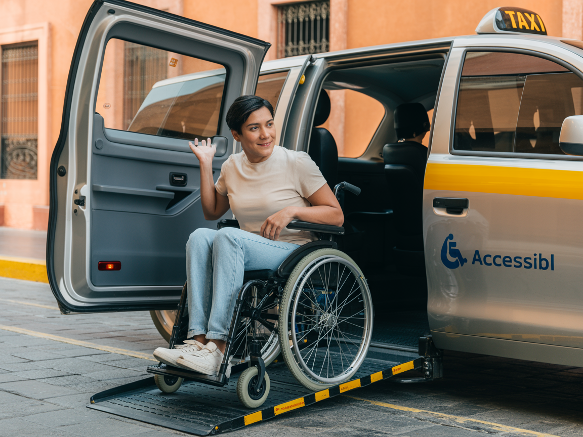 Persona en silla de ruedas abordando independientemente taxi accesible mediante rampa