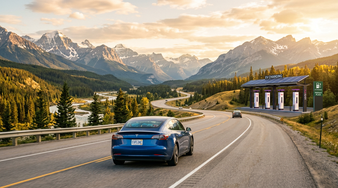 Electric vehicle on scenic highway road trip with charging station visible