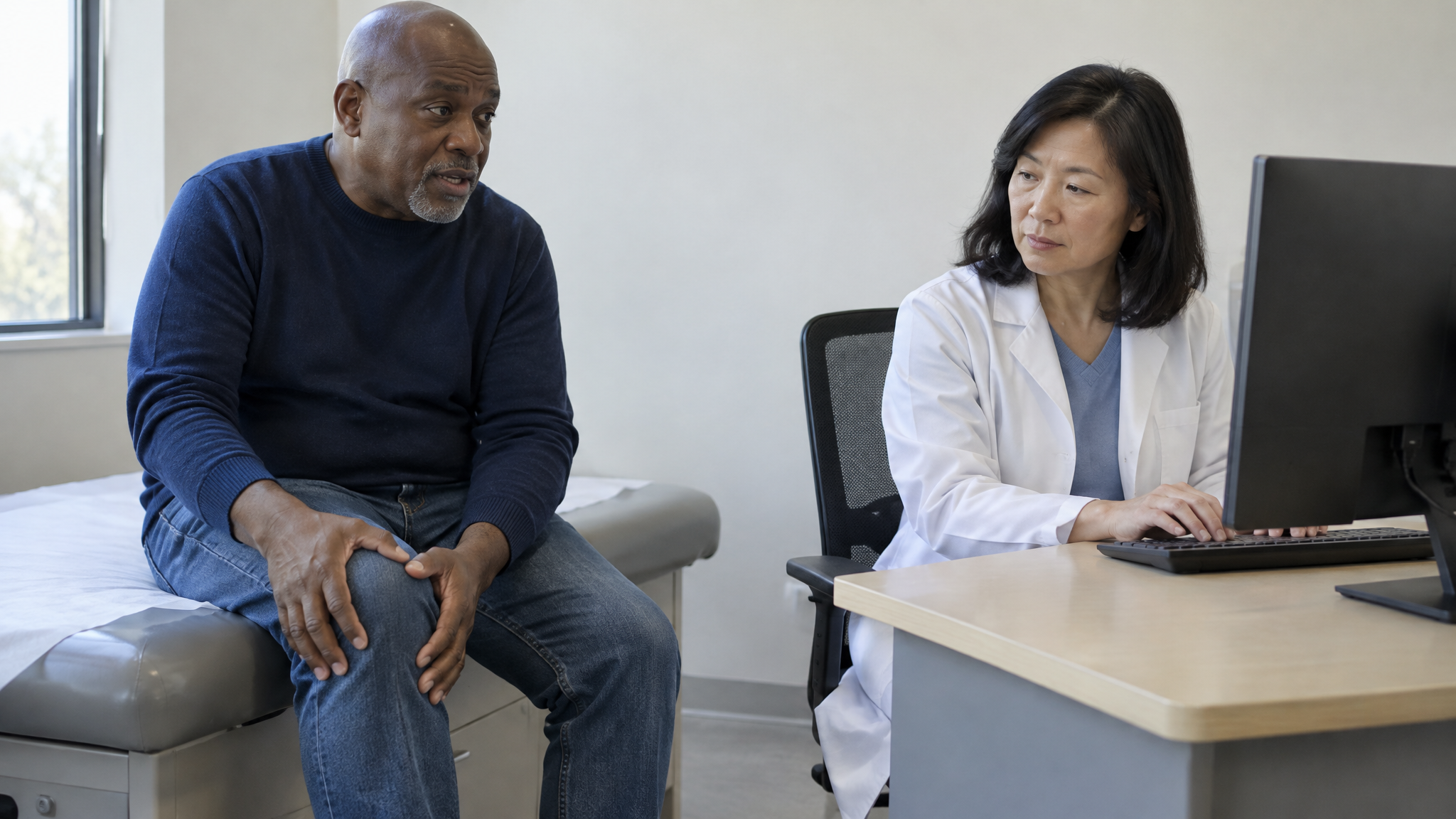 Veteran sitting on an exam table holding his knee and describing the pain while his doctor types the visit note