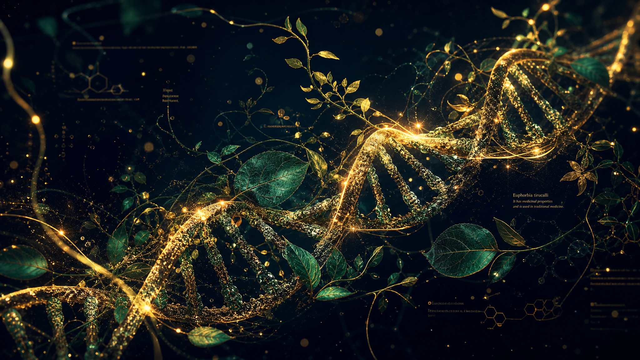 DNA double helix intertwined with golden light and botanical elements