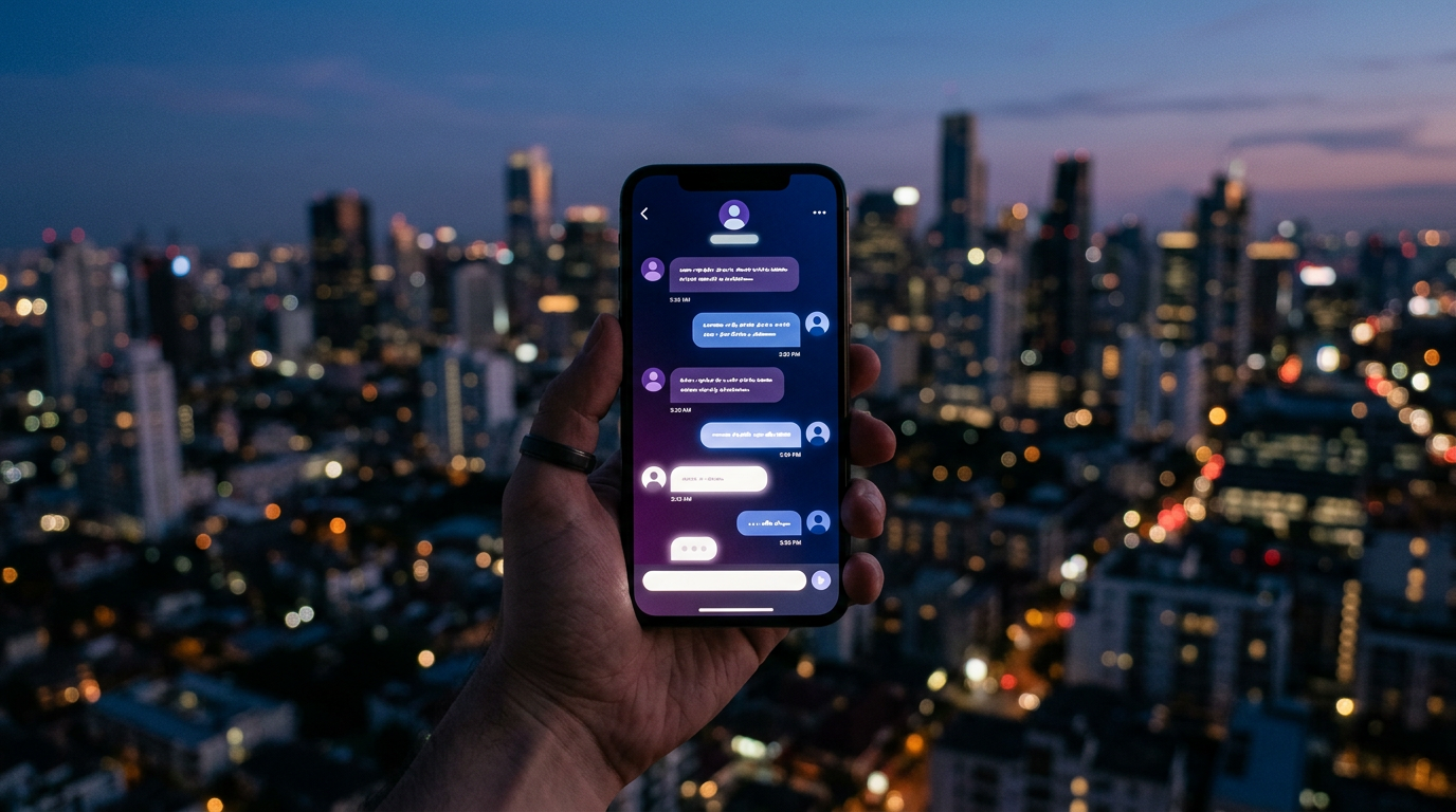 A smartphone showing an AI chat answer recommending a local business, city skyline behind