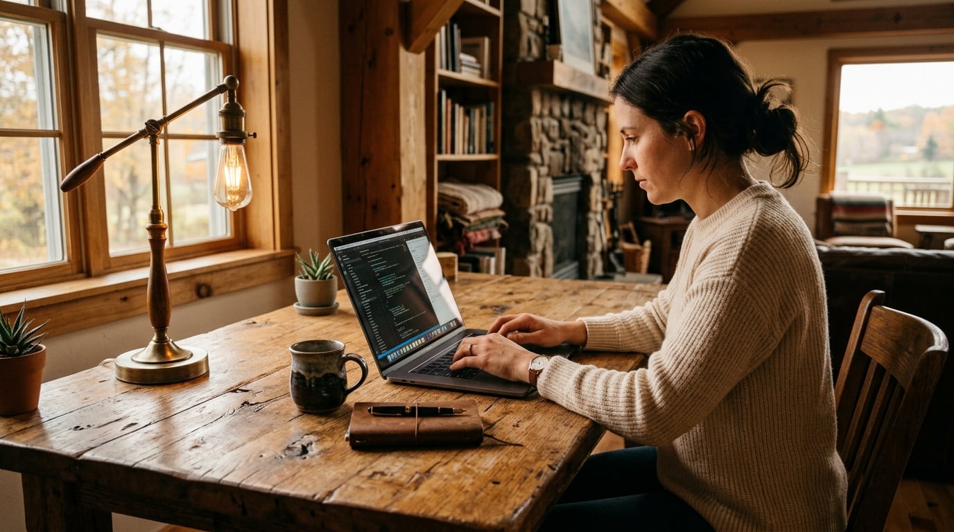Web designer working at a rustic desk