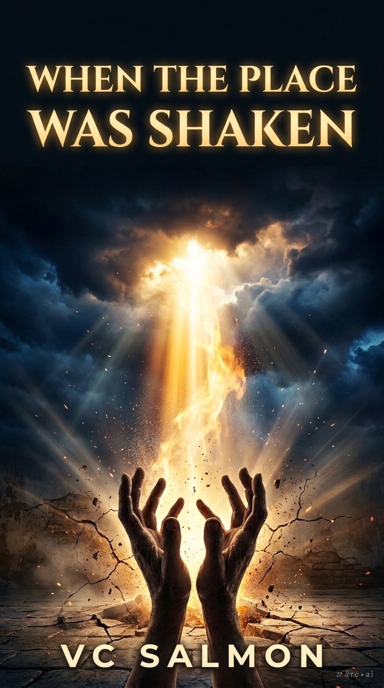 When the Place Was Shaken — book cover by VC Salmon: open hands raised as light and fire break through storm clouds over cracked ground