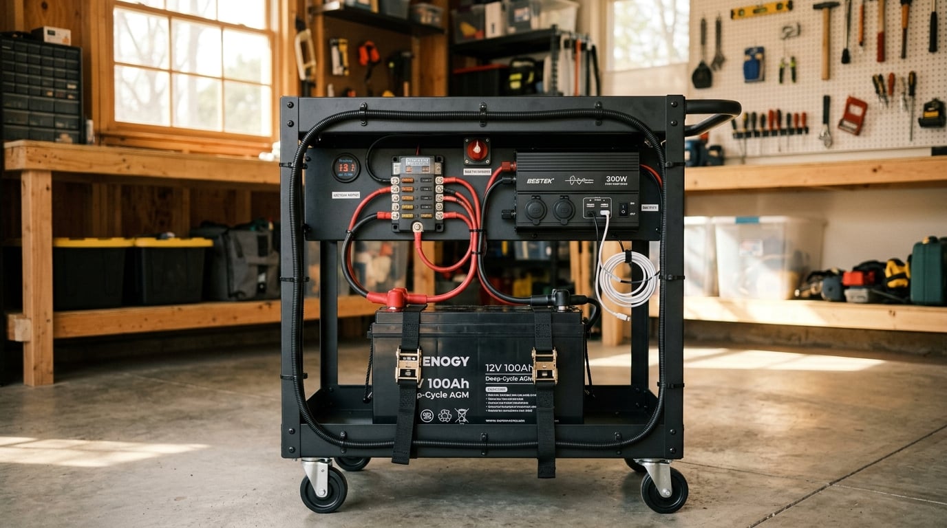 A tidy DIY 12V battery backup station on a rolling cart in a home garage, with a deep-cycle battery, fuse block and small inverter