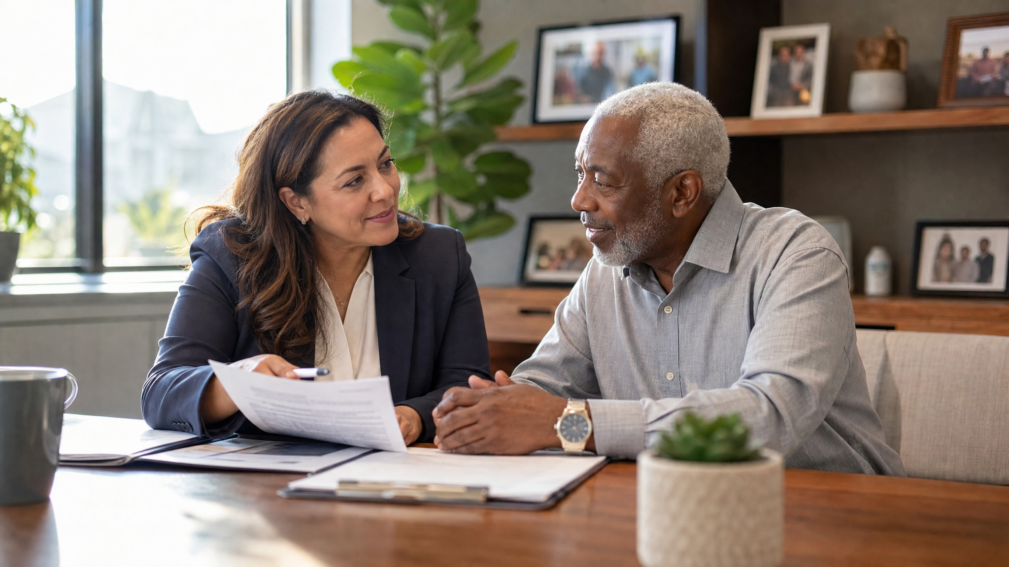 A VA-accredited claims agent reviewing pension eligibility with a veteran